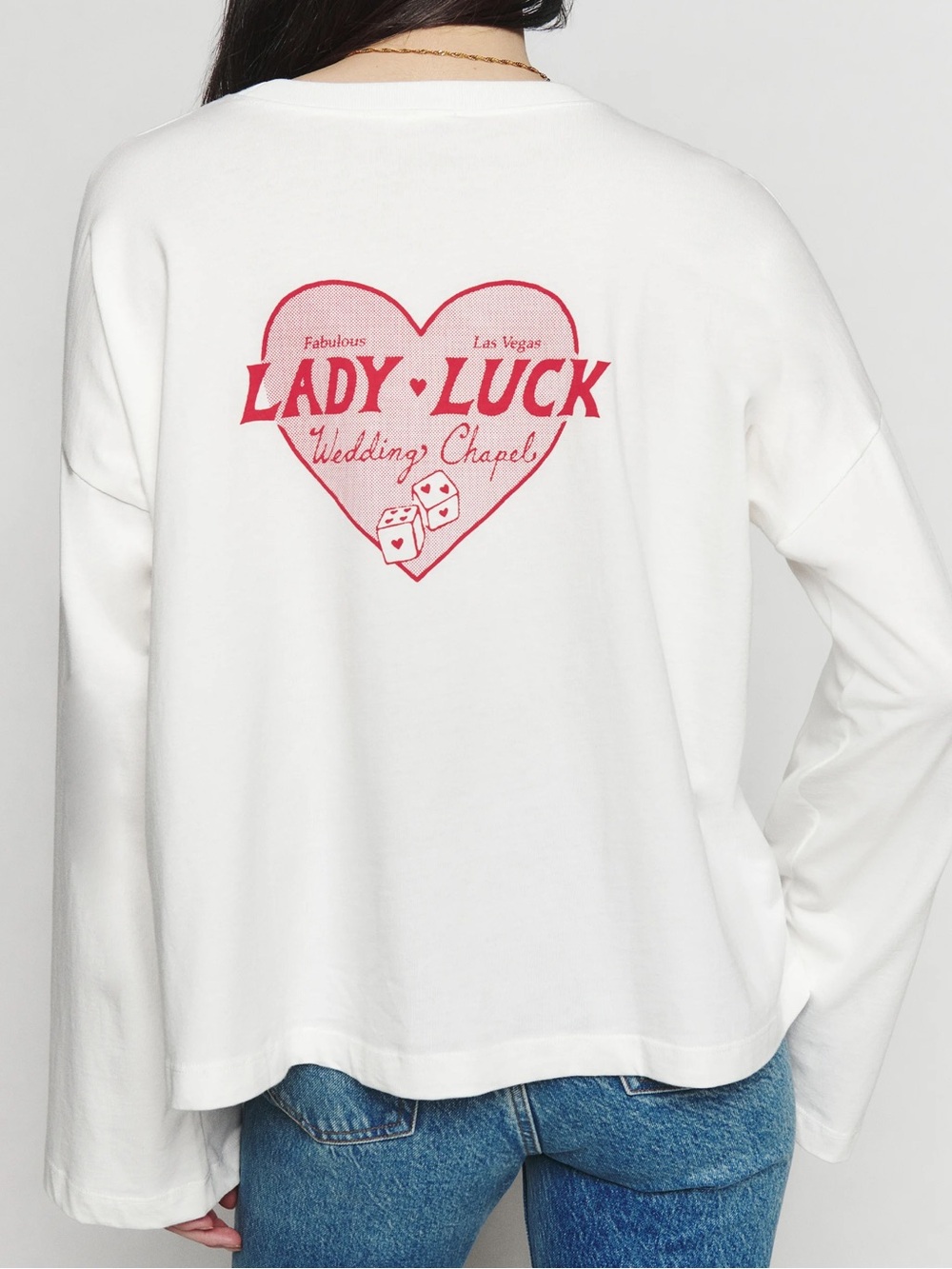 Reformation White 'Lady Luck' Graphic Oversized Long Sleeve Top